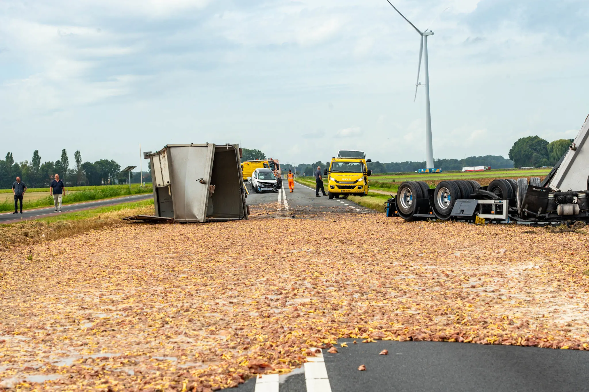 Vrachtwagen kantelt na ongeluk, wegdek compleet bezaaid met slachtafval