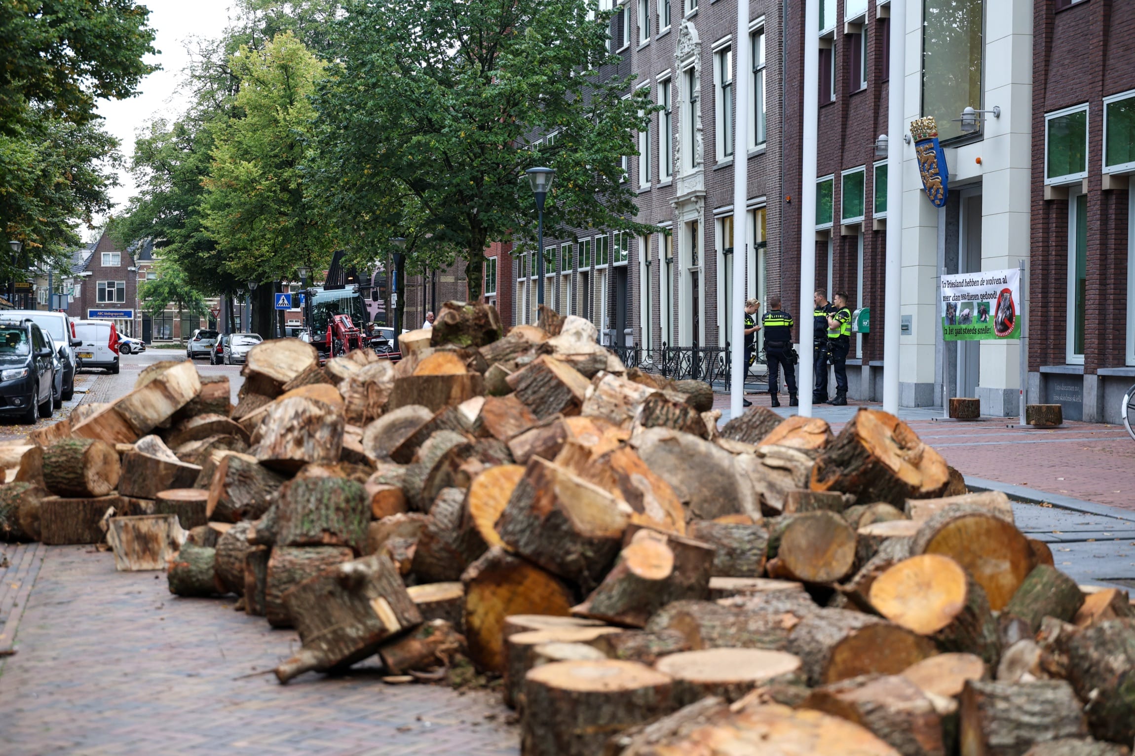 Actiegroep wil hek tegen wolven en dropt blokken hout bij provinciehuis Friesland 