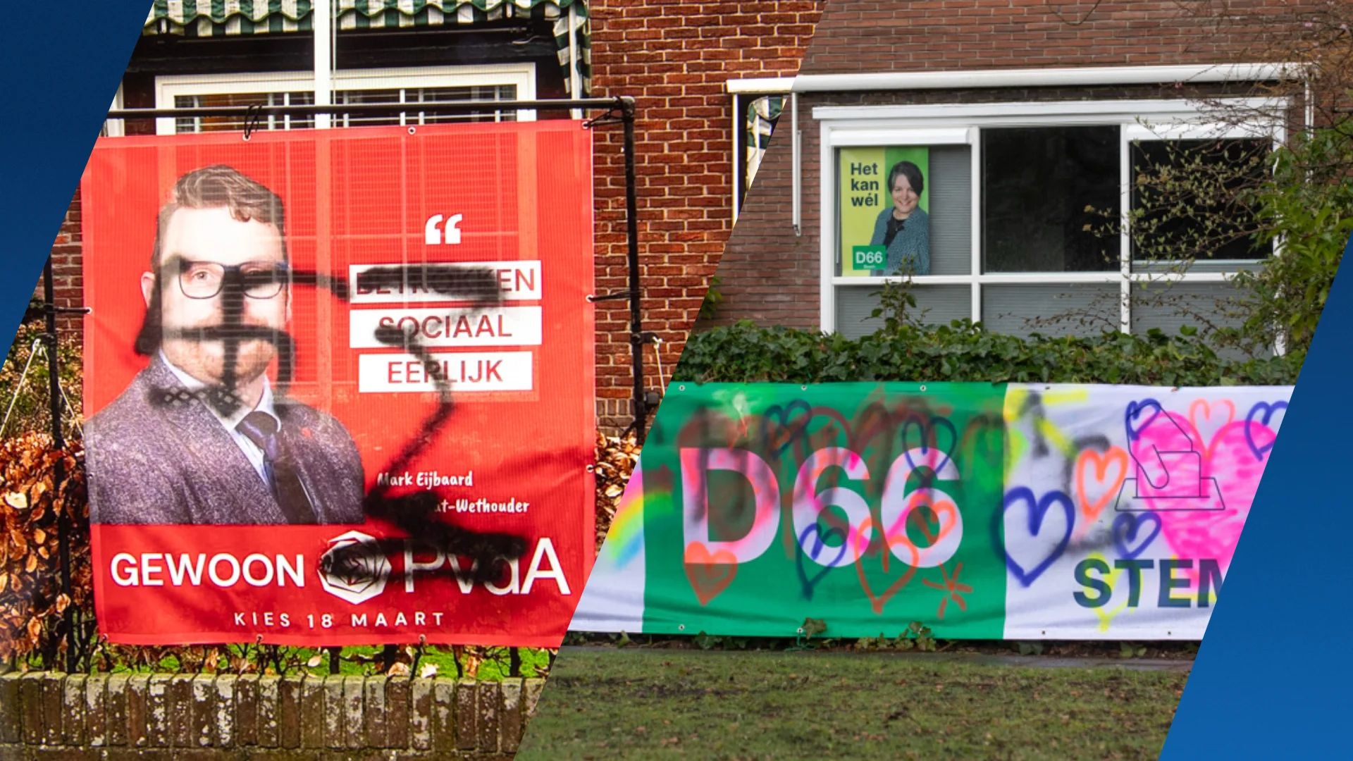 Hakenkruis en anti-homotekst op spandoeken bij huizen Baarnse politici