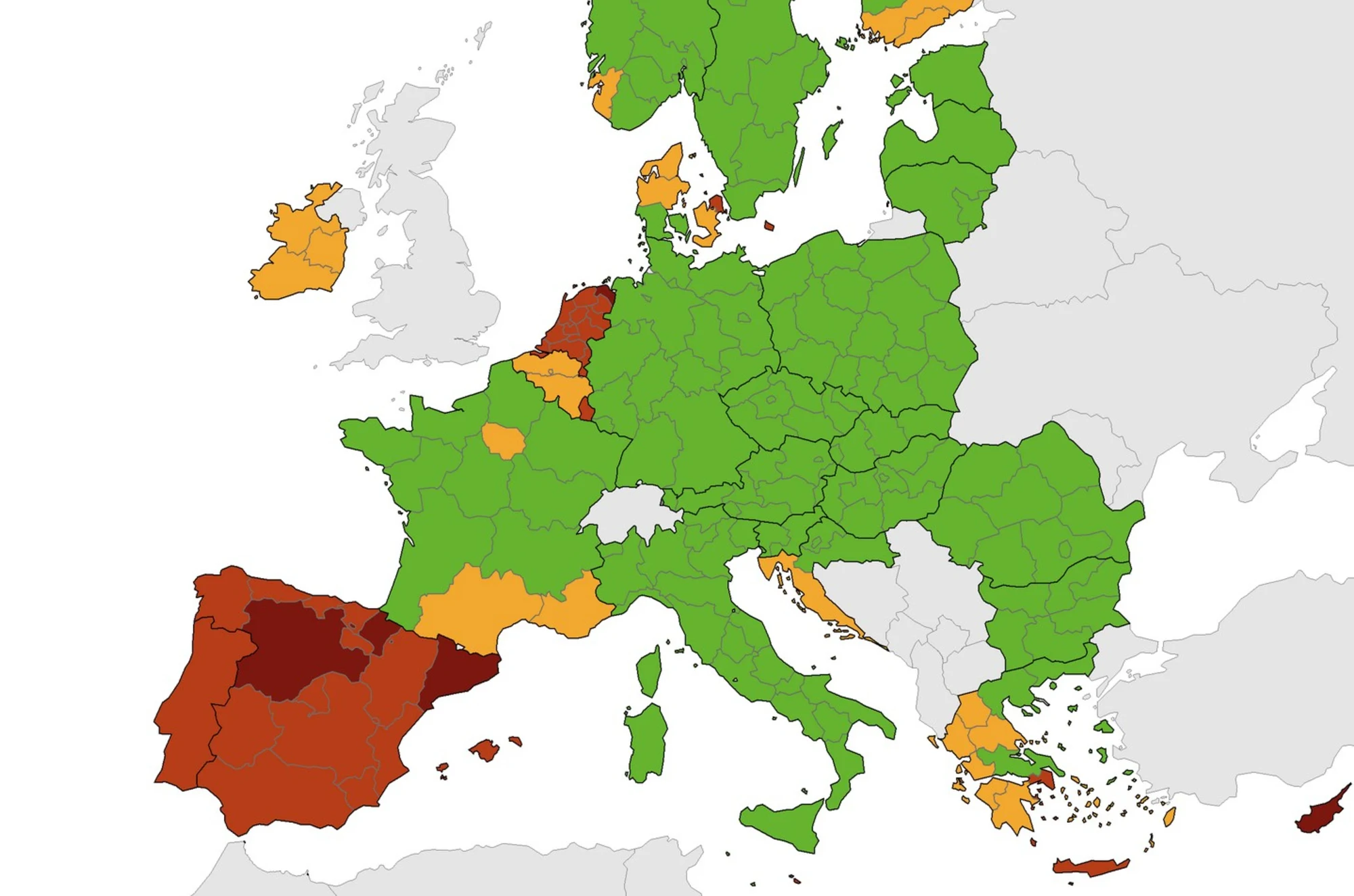 Heel Nederland kleurt rood op Europese coronakaart, Groningen zelfs donkerrood