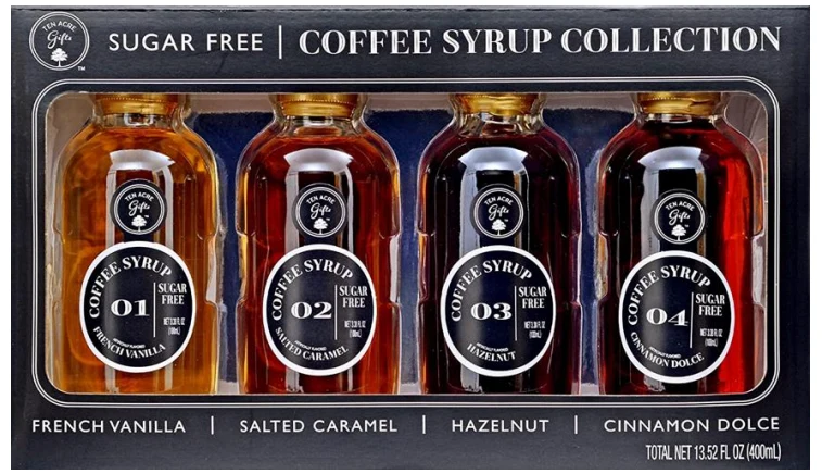 Koffiesiroopset Ten Acre Gifts kan sporen van tarwe, soja, noten en/of pinda's bevatten