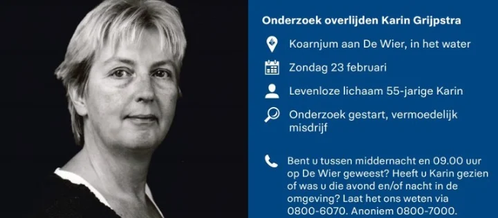 In water Cornjum gevonden Karin Grijpstra (55) vermoedelijk slachtoffer van misdrijf