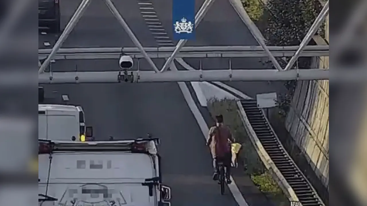 Fietser heeft haast en fietst over snelweg bij Overschie 