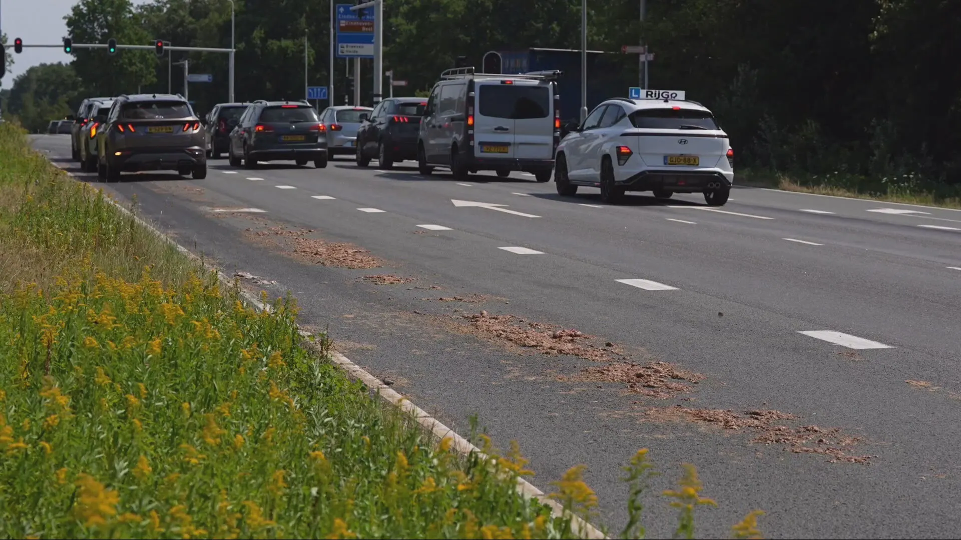 Vrachtwagen laat kilometerslang spoor van slachtafval achter in Best