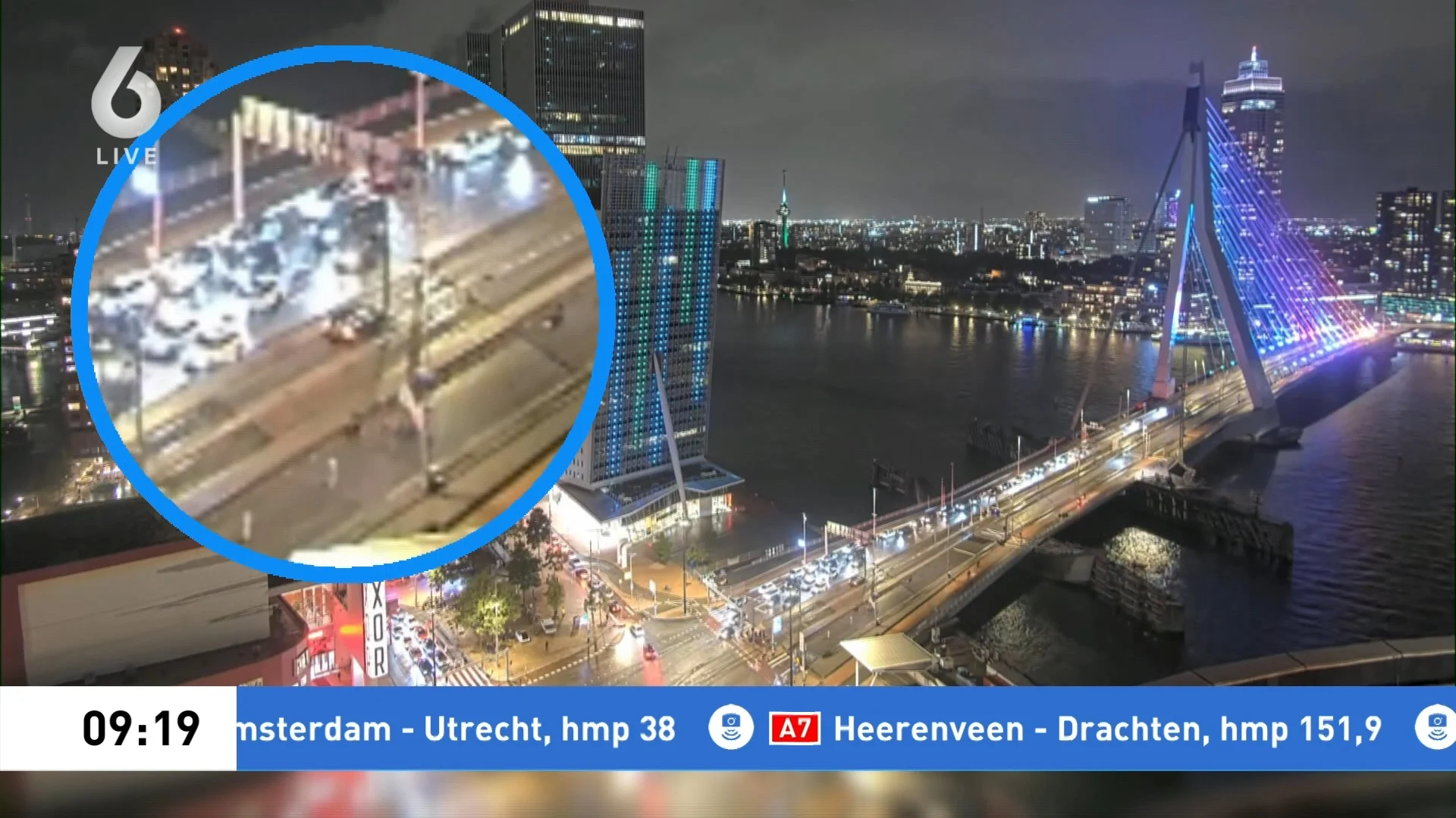 Dronken automobilist rijdt zich klem op trambaan Erasmusbrug