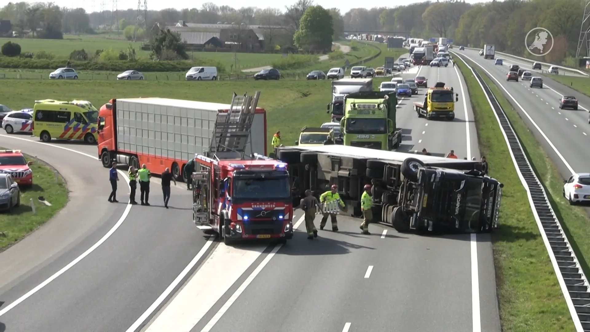Vrachtwagen vol met biggen gekanteld op A18 bij Wehl
