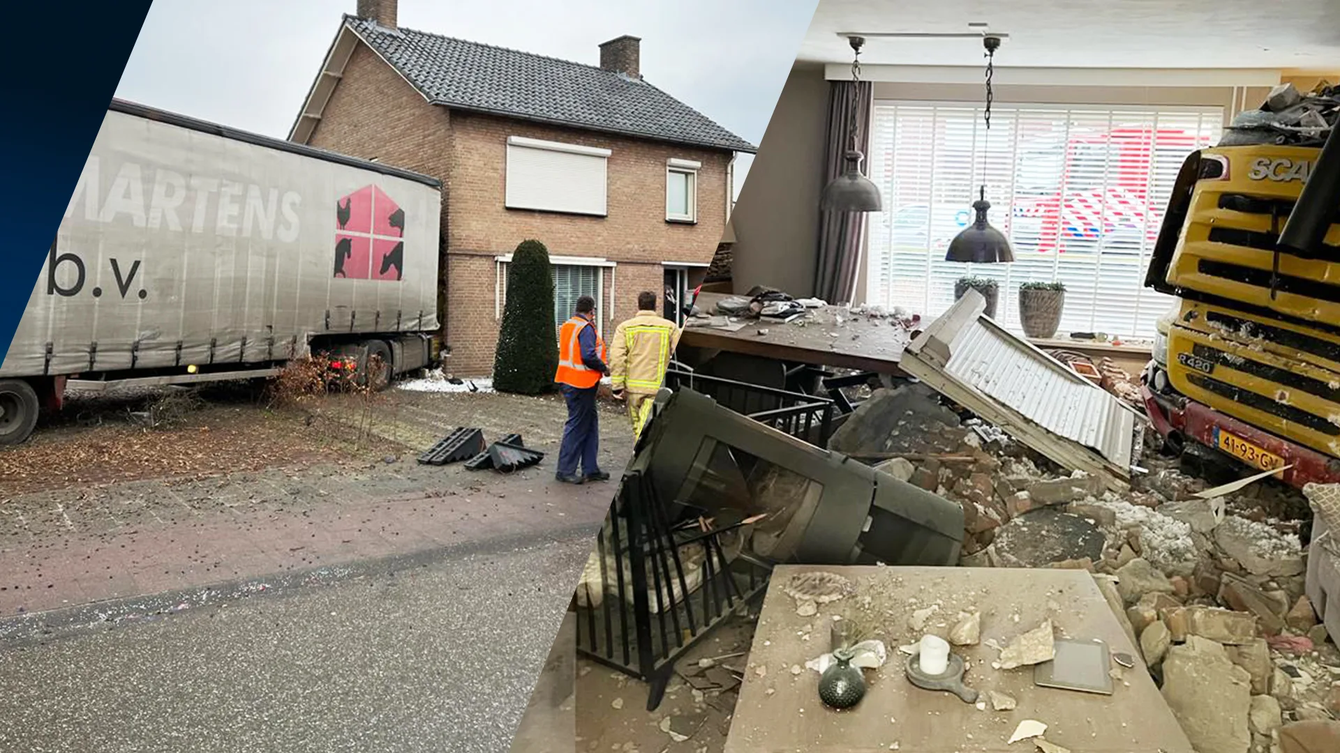Vrachtwagen rijdt woning binnen in Maarheeze, gewonde chauffeur bevrijd uit cabine
