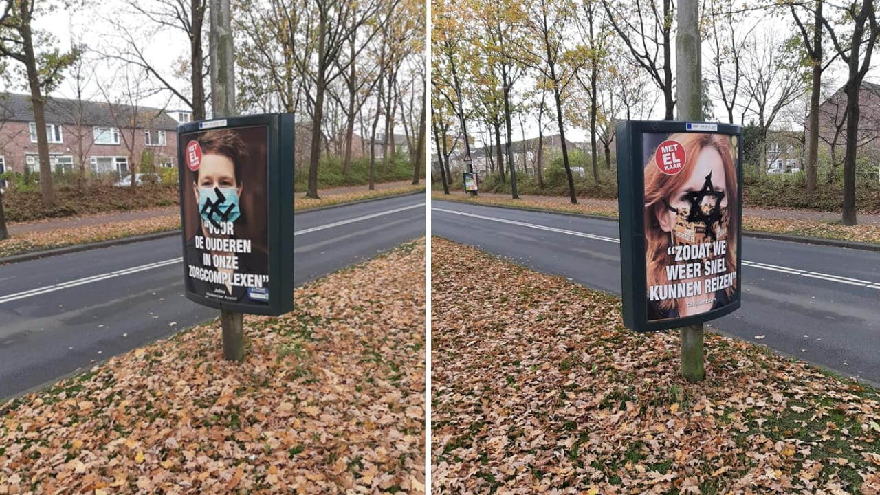 Coronaposters in Etten-Leur beklad met hakenkruizen en Jodensterren