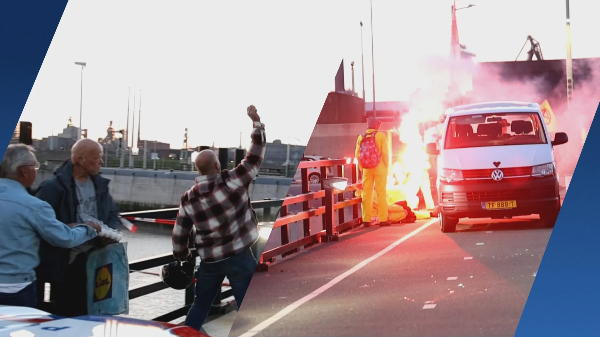 Omstanders gooien eieren naar vastgeketende XR-demonstranten IJmuiden