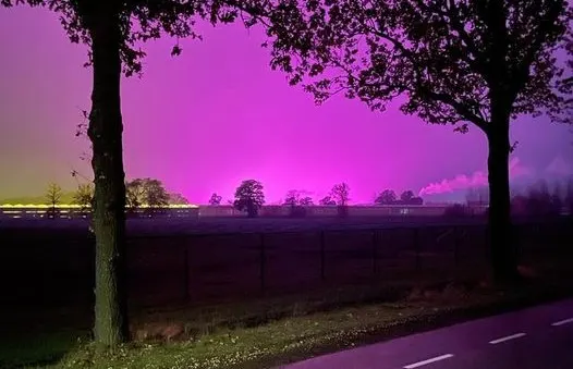 Bizarre felpaarse luchten boven oostelijk Brabant vanwege storing bij kwekerij