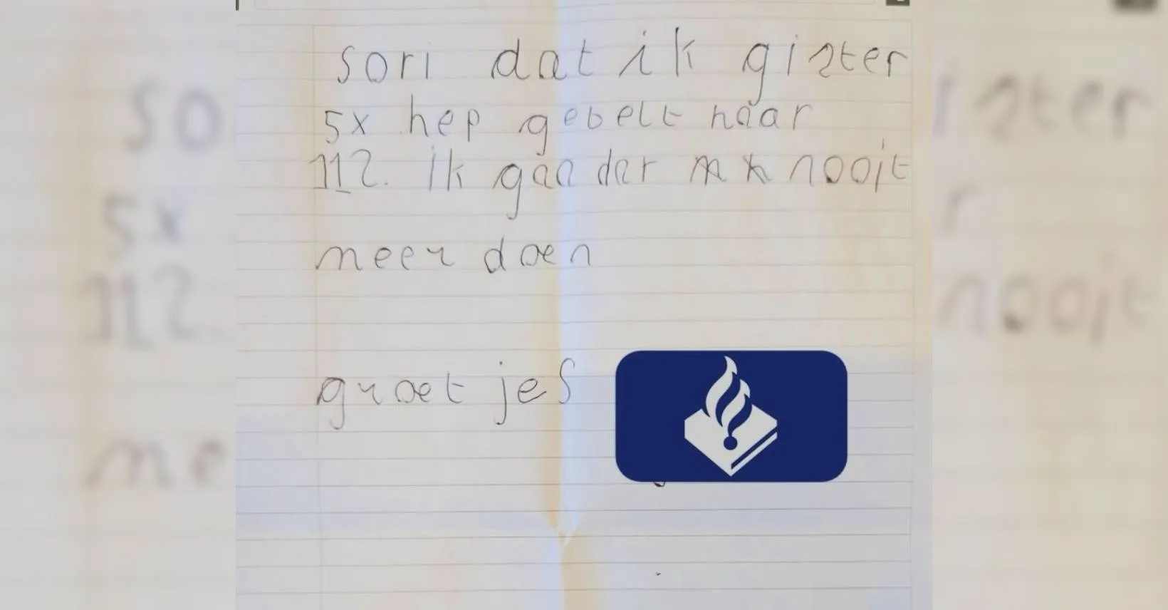 Jongen belt vijf keer 112 en schrijft excuusbrief aan politie: 'Sori' 