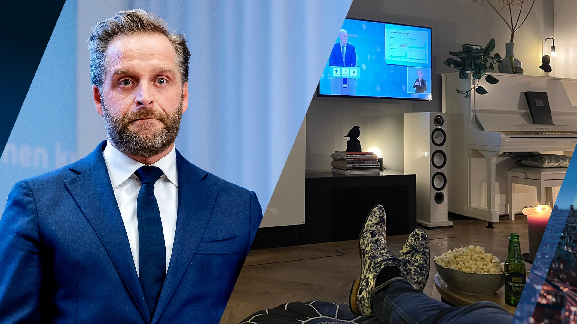 Hugo de Jonge kijkt persconferentie op de bank met popcorn en bier