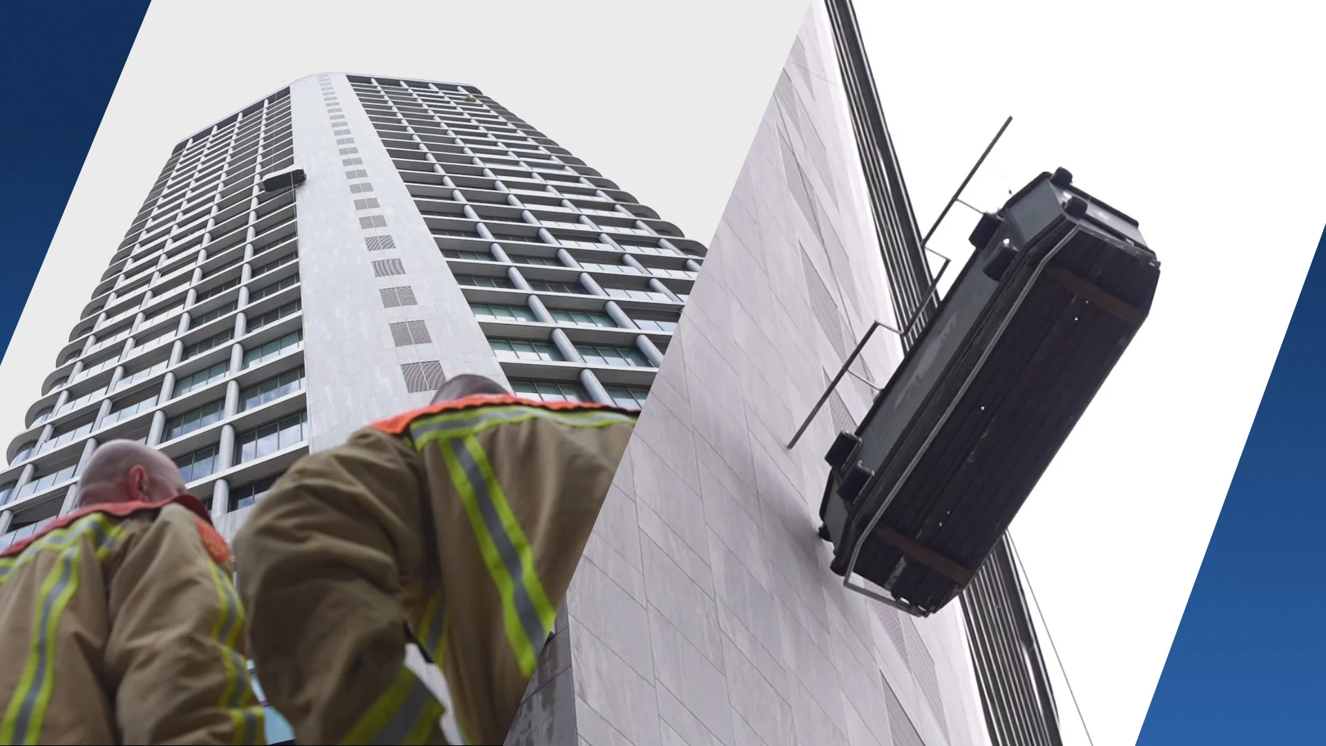 ZIEN: Glazenwasser bungelt op 50 meter hoogte door kapot bakje