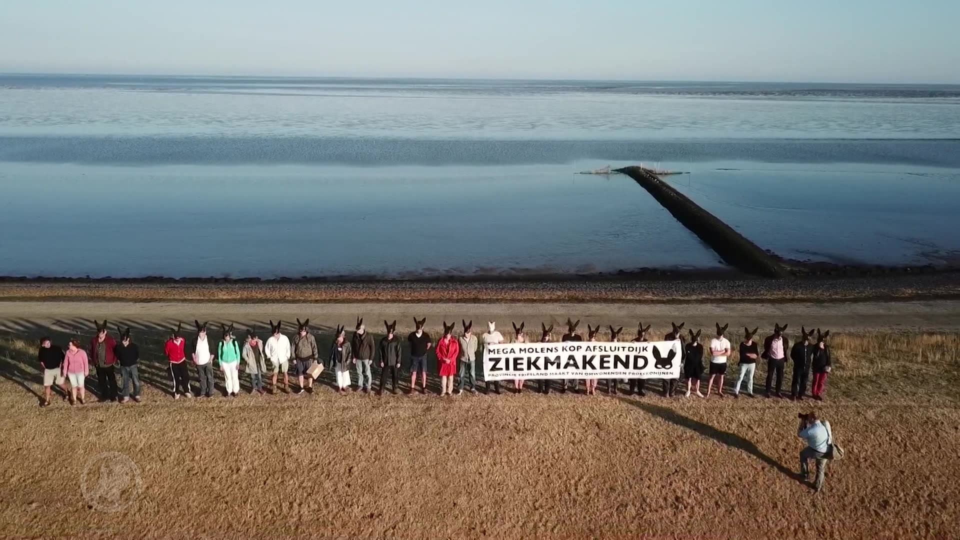 Stil protest met konijnenmaskers op de Afsluitdijk