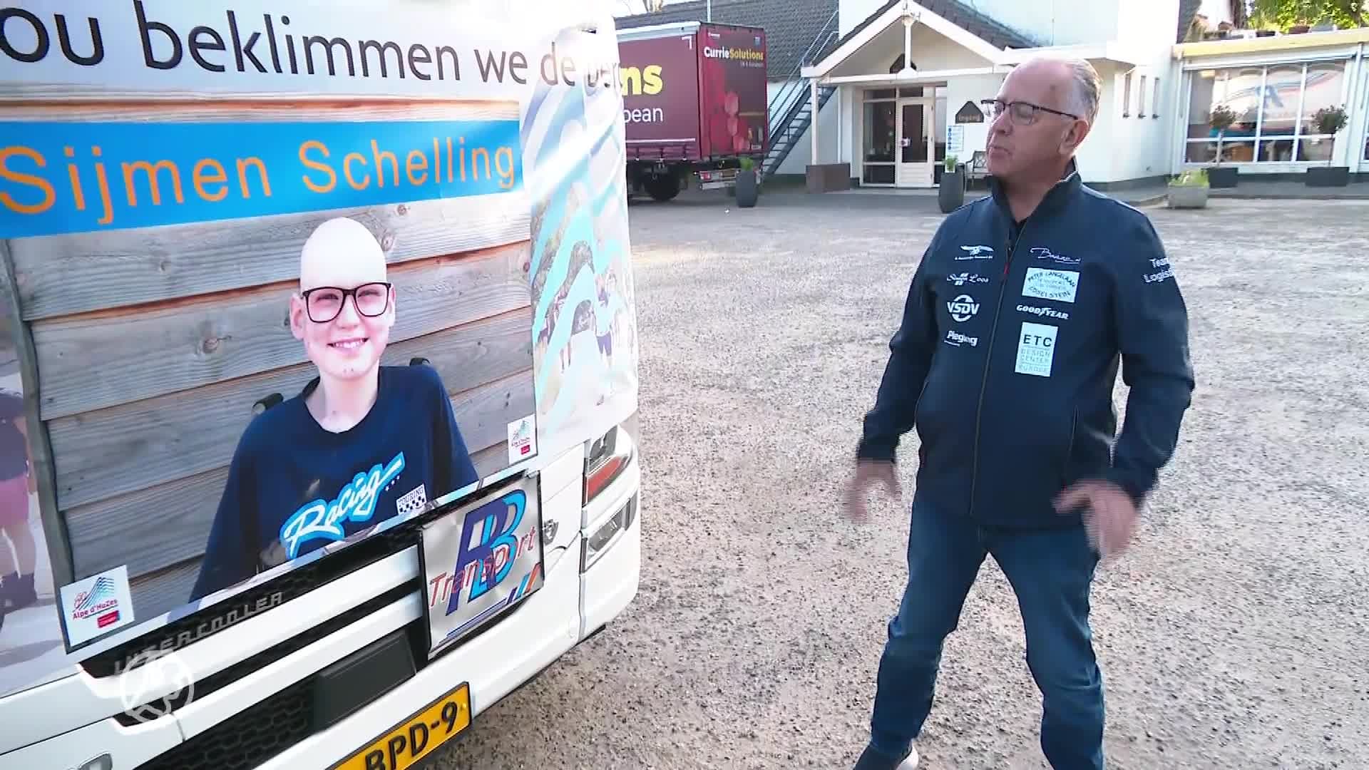 Sijmen (12) is te ziek om de berg op te gaan, dus nemen 32 vrachtwagens zijn foto mee