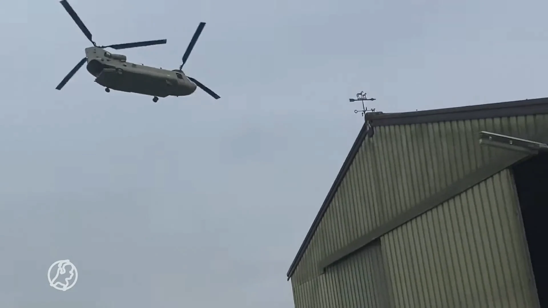 Drachtig paard valt van de schrik door Chinook-helikopter