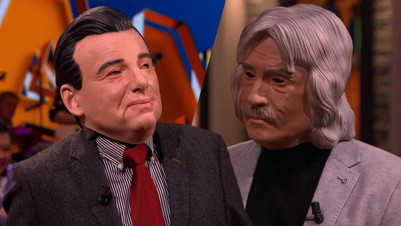 Johan en Wilfred imiteren elkaar met carnavalsmasker op tijdens opening Vandaag Inside