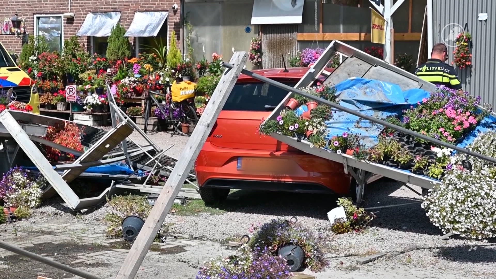 Auto rijdt dwars door planten heen bij tuincentrum Mijndrecht