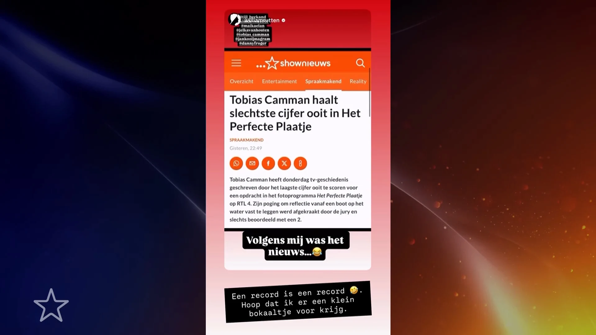 Tobias Camman schrijft geschiedenis met slechtste cijfer ooit in Het Perfecte Plaatje