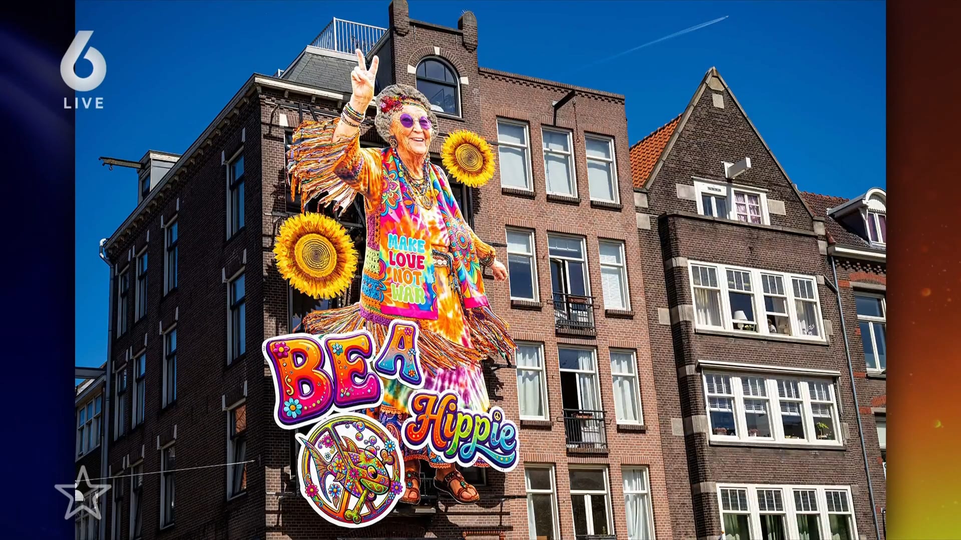 Prinses Beatrix als hippie siert gevel Amsterdams café De Blaffende Vis