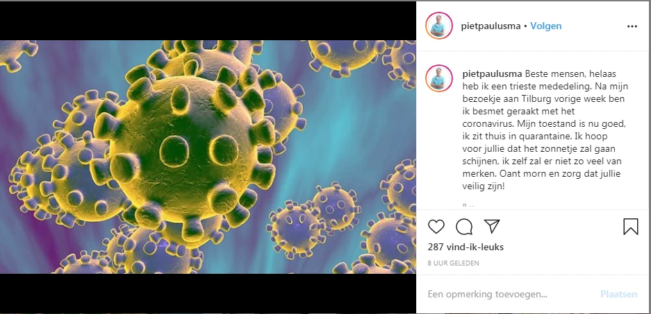 Nepaccount claimt dat Piet Paulusma besmet is met coronavirus