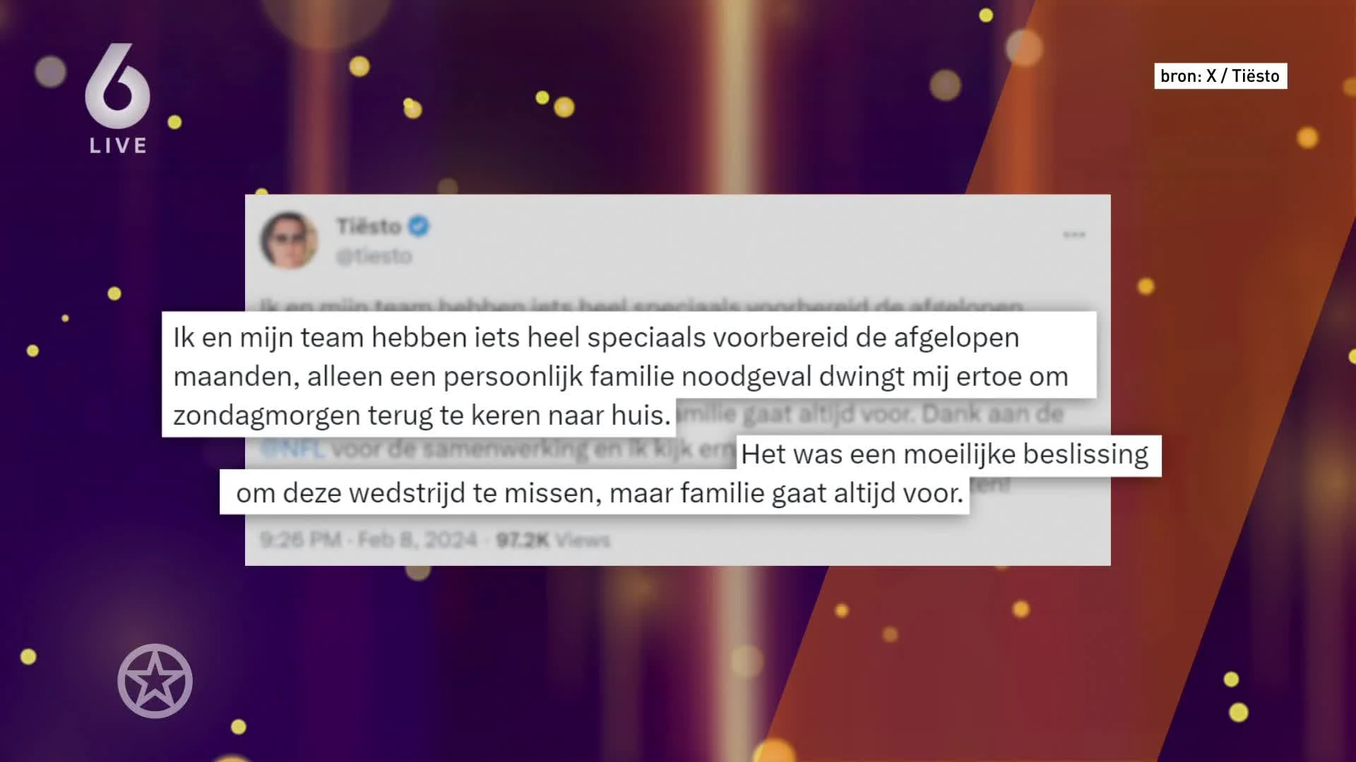 DJ Tiësto cancelt optreden Super Bowl om familiesituatie