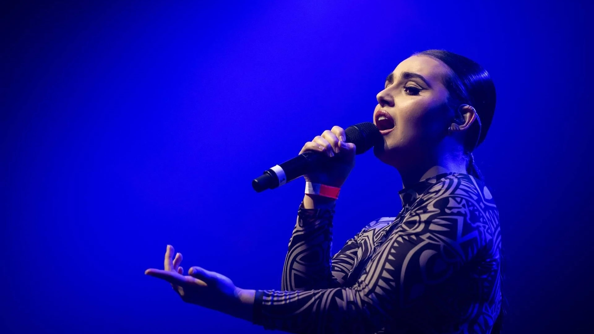 Songfestivalartiesten betreden turquoise loper