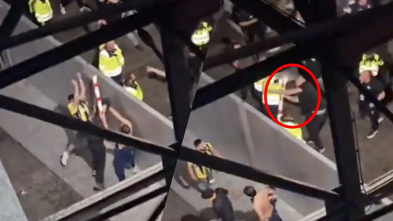 Video: politie arresteert Fenerbahçe-fan die paal op hoofd van Feyenoord-supporter in De Kuip gooide