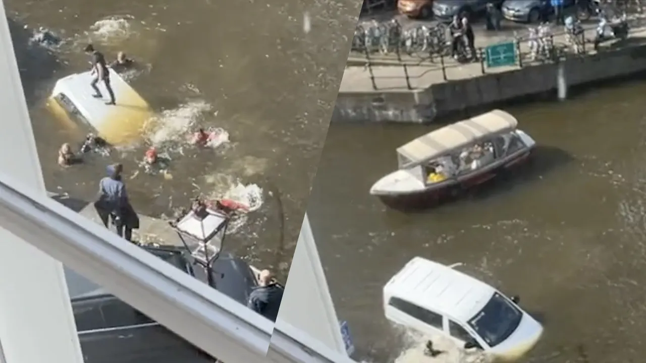 Opmerkelijk: Busje met negen inzittenden raakt te water op Prinsengracht