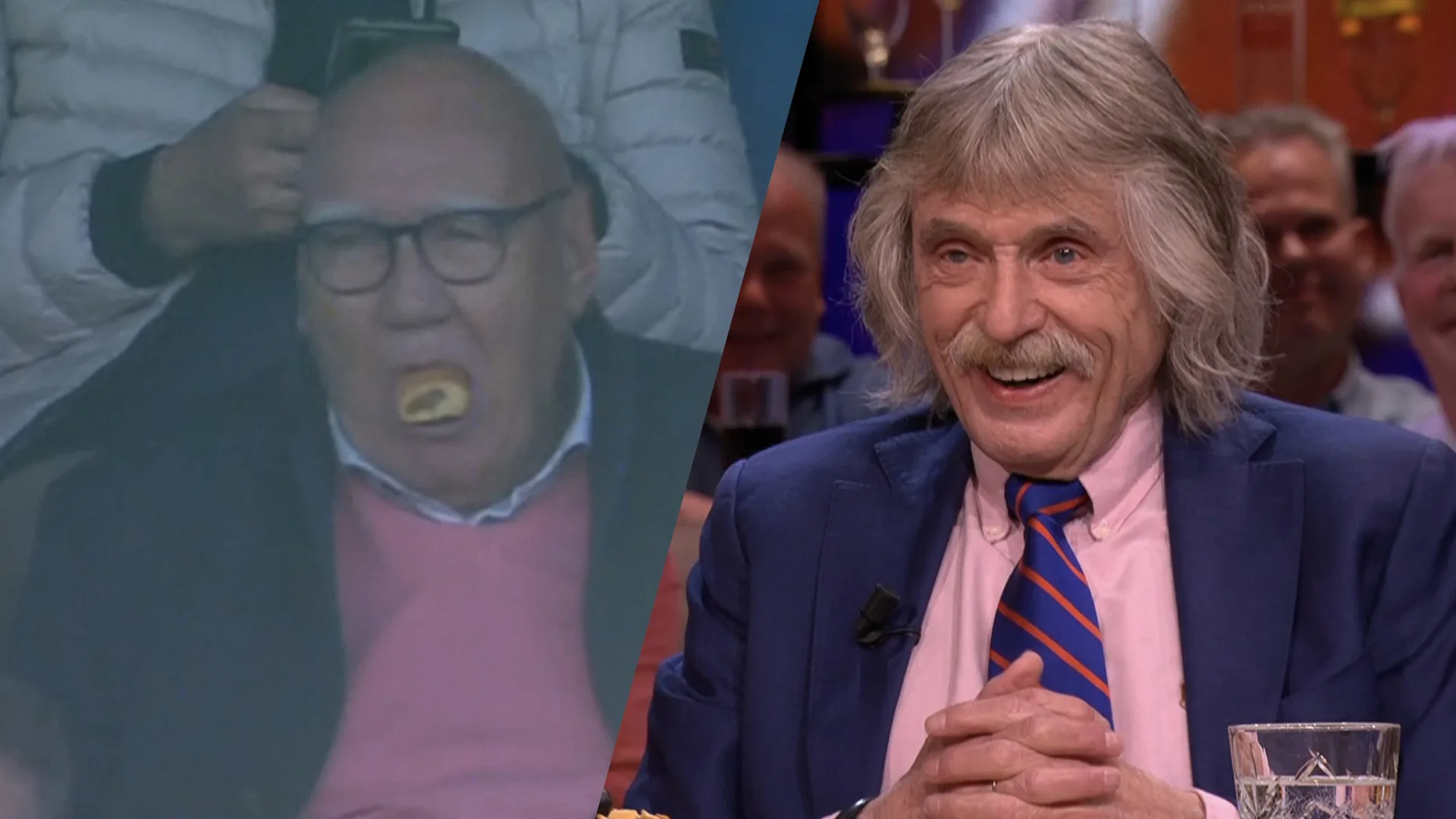 Johan lacht om beelden van Kees Jansma die opzichtig een worstenbroodje naar binnen propt