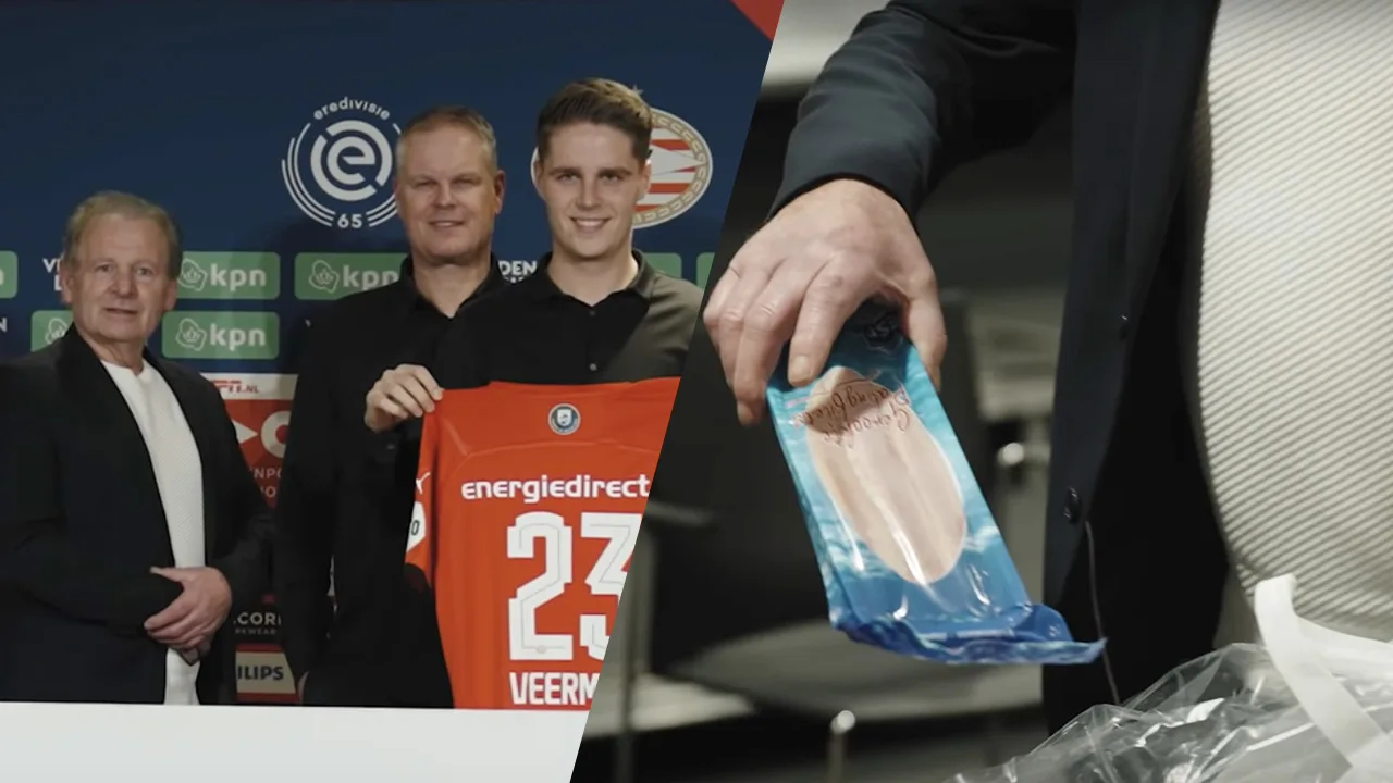 Opa Veerman trakteert PSV op visje tijdens presentatie: 'Beetje reclame maken'