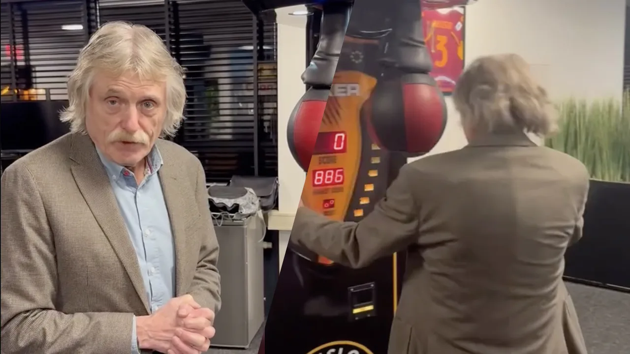 Video: Johan Derksen gaat los op boksbal: 'Al die domme spierbundels ga ik verslaan!'