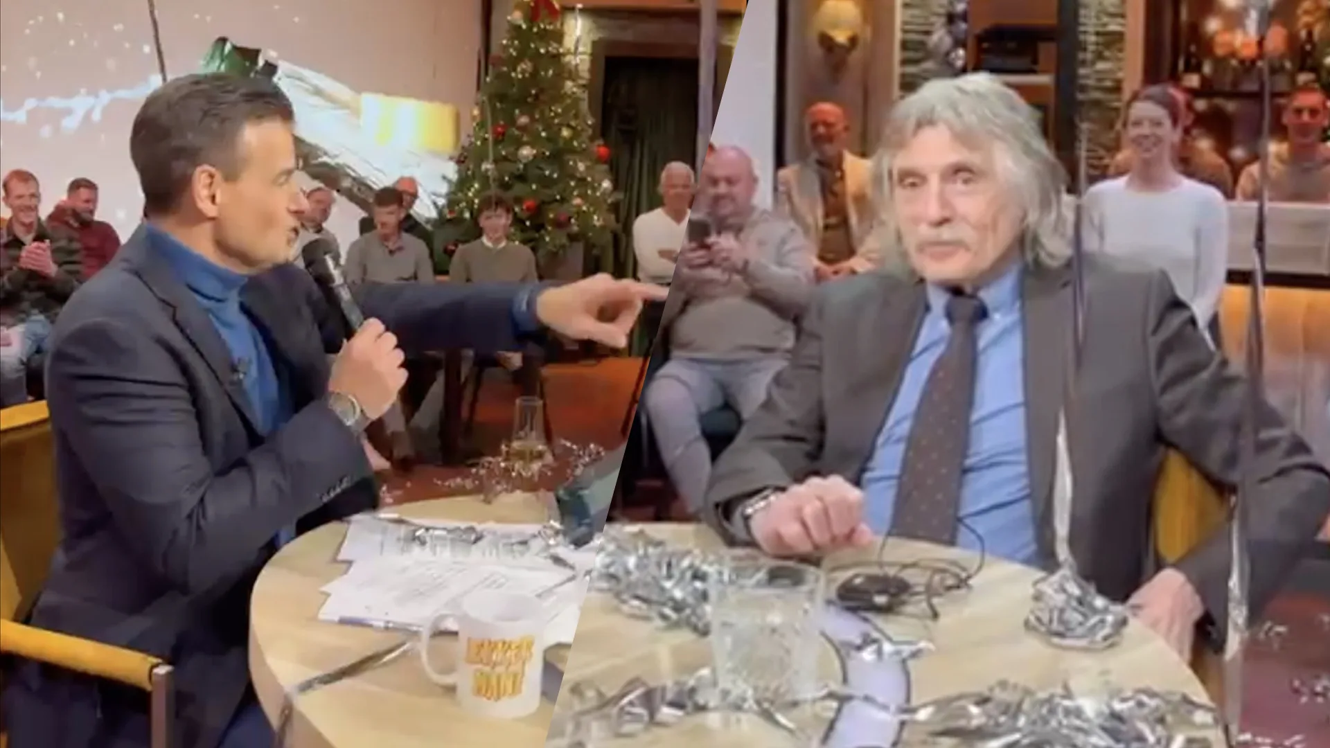 Na de uitzending: Wilfred zingt 'Zomaar Een Avond In De Kroeg', Johan geniet zichtbaar