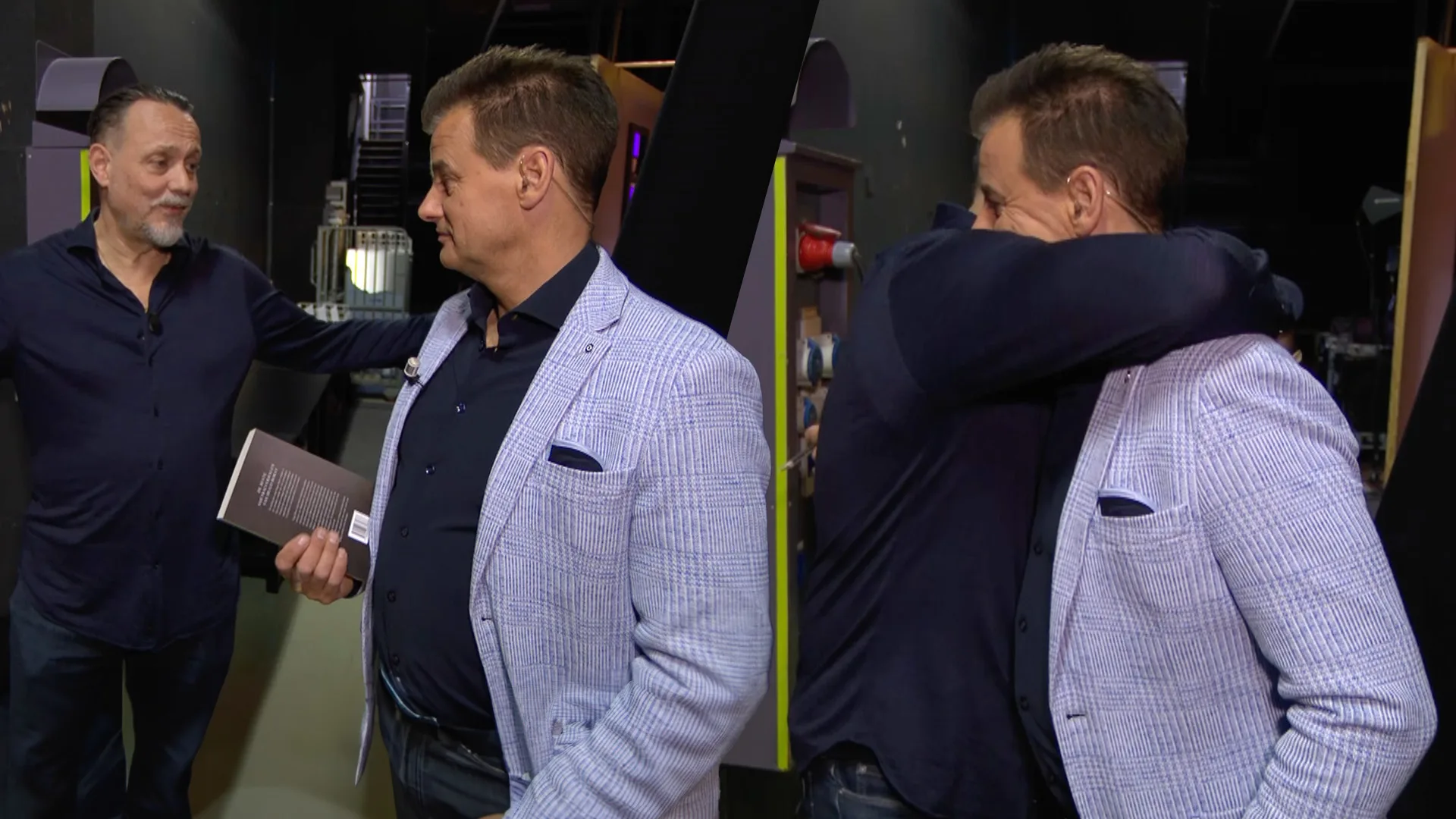 Wilfred Genee en Hugo Borst vallen elkaar in de armen tijdens het opnemen van ‘In de Wandelgangen’