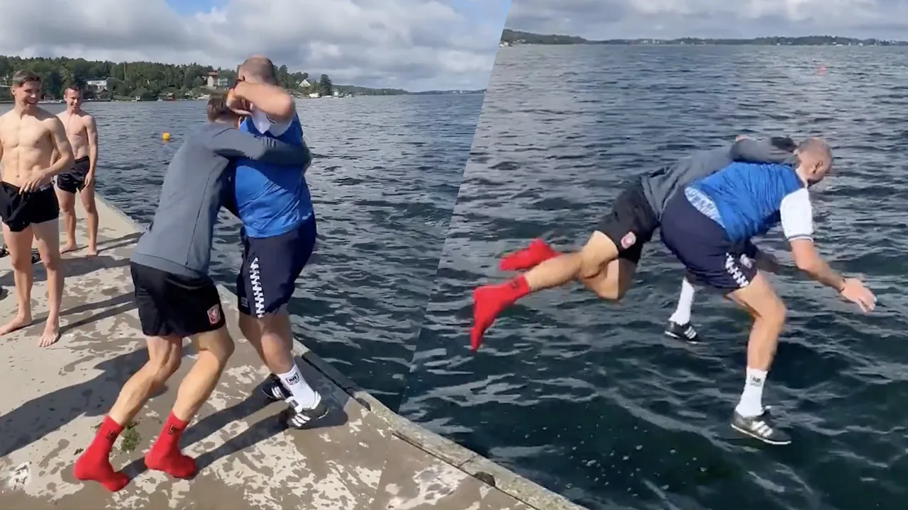 Video: Ricky van Wolfswinkel gooit trainer Joseph Oosting in het water