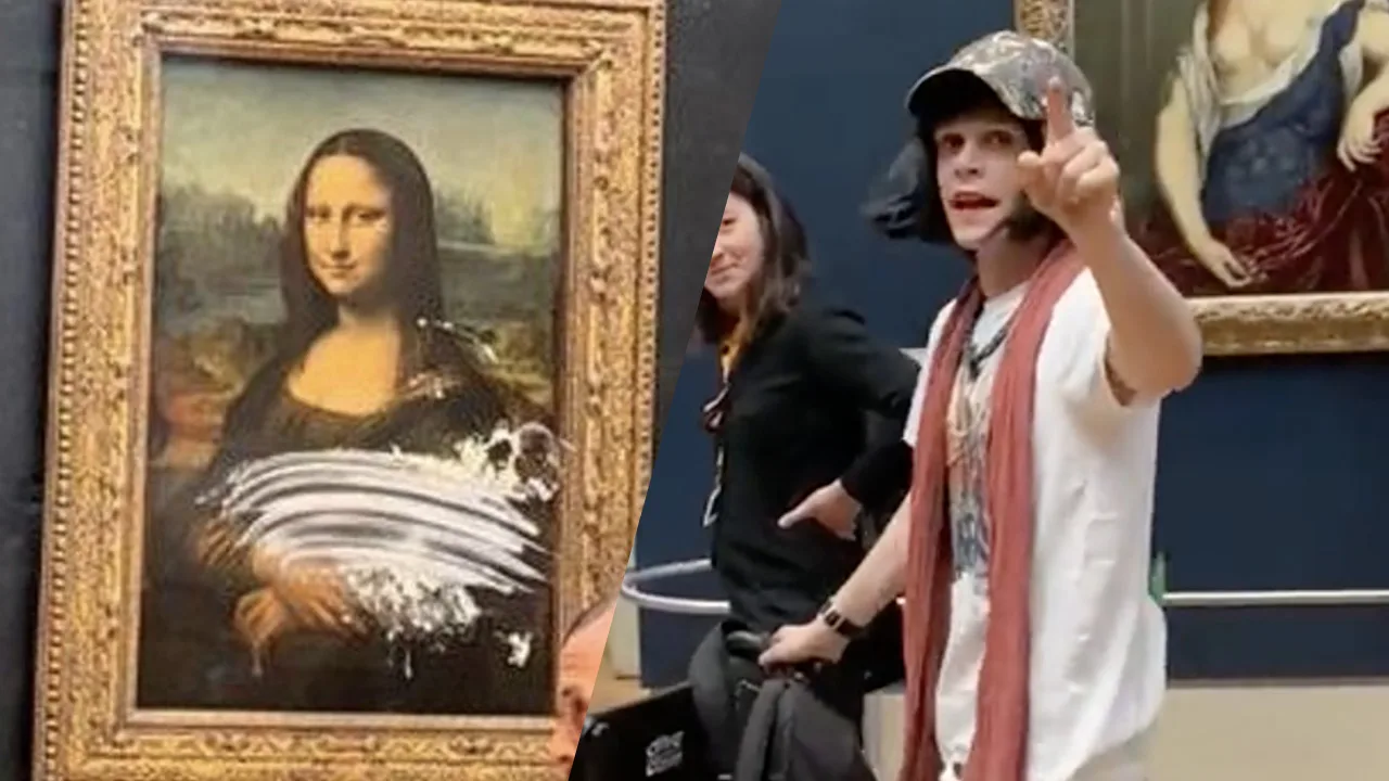 Man verkleed als oude vrouw valt Mona Lisa aan met taart vanuit rolstoel