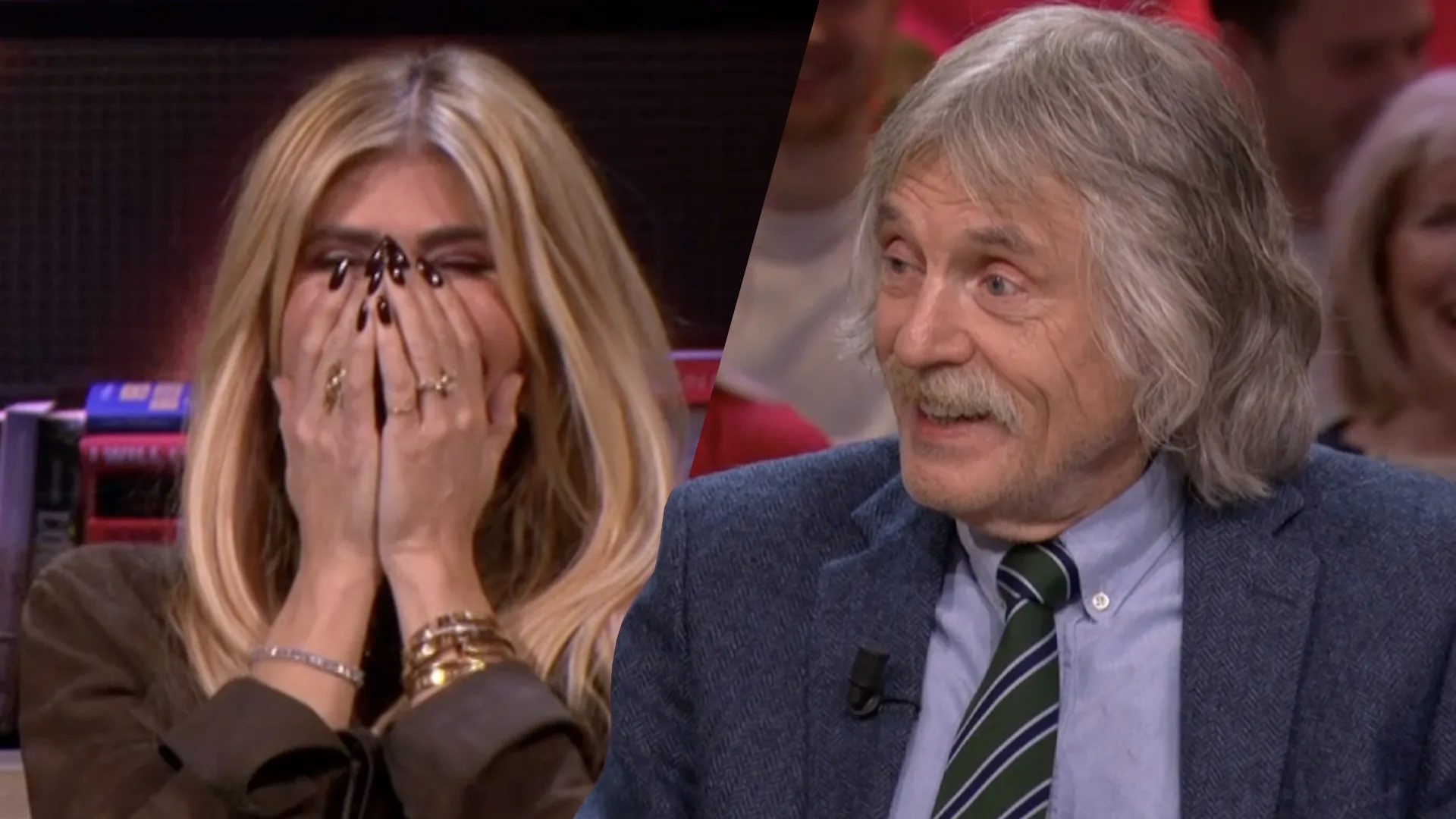 Estelle Cruijff slaat handen voor haar gezicht tijdens ordinair gesprek aan Vandaag Inside-tafel