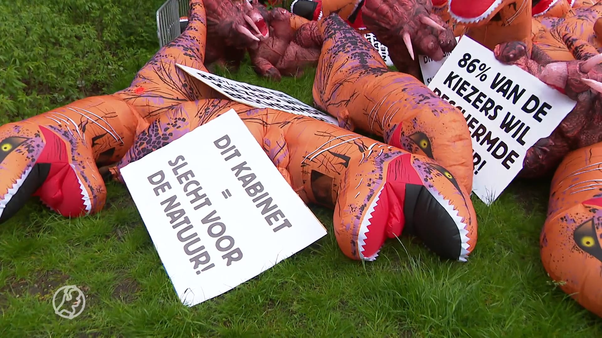 Bijzondere demonstratie: dino's vallen 'dood' neer voor Tweede Kamer