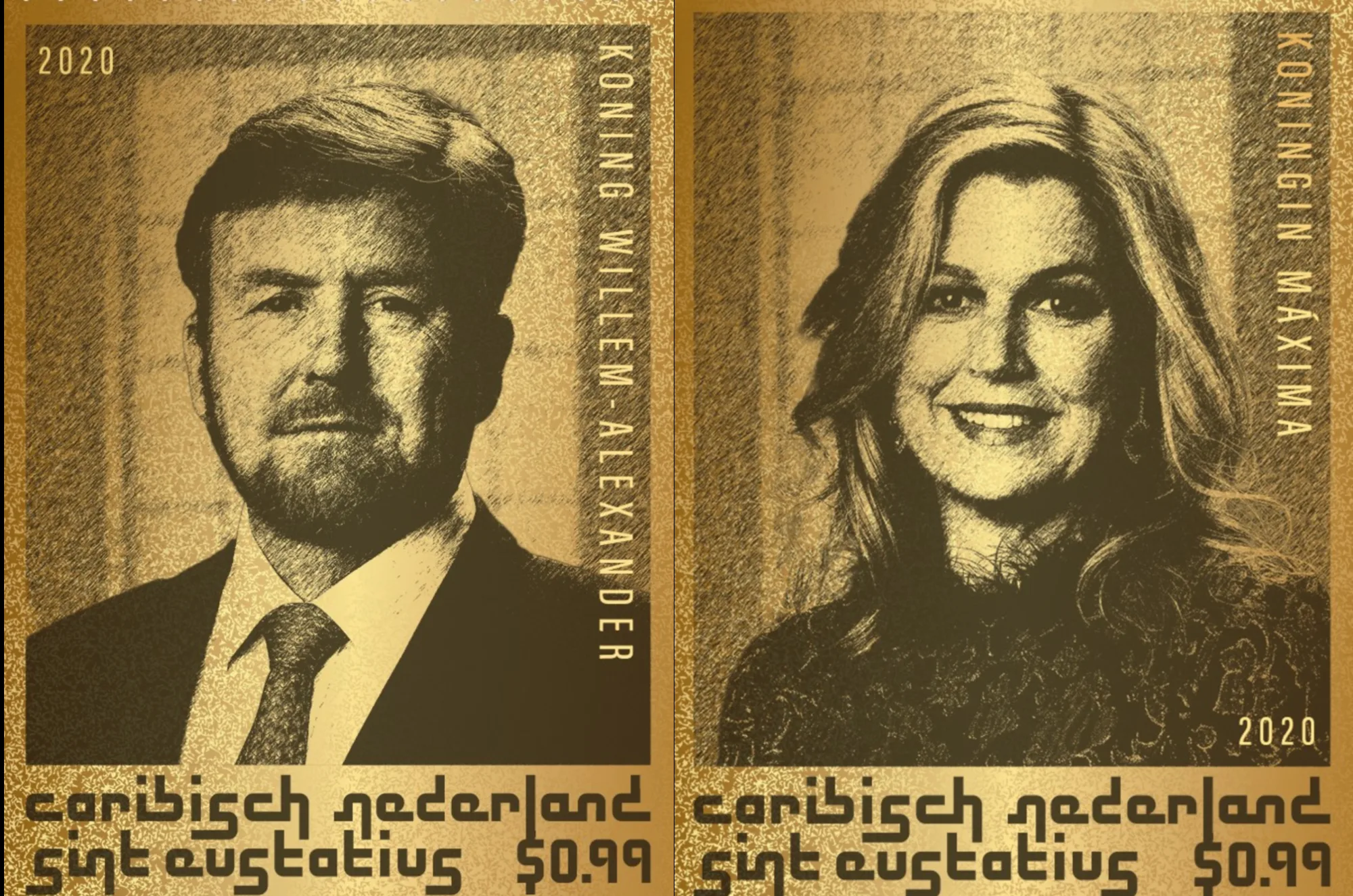 Koning mét baard en koningin vereeuwigd op speciale gouden postzegels