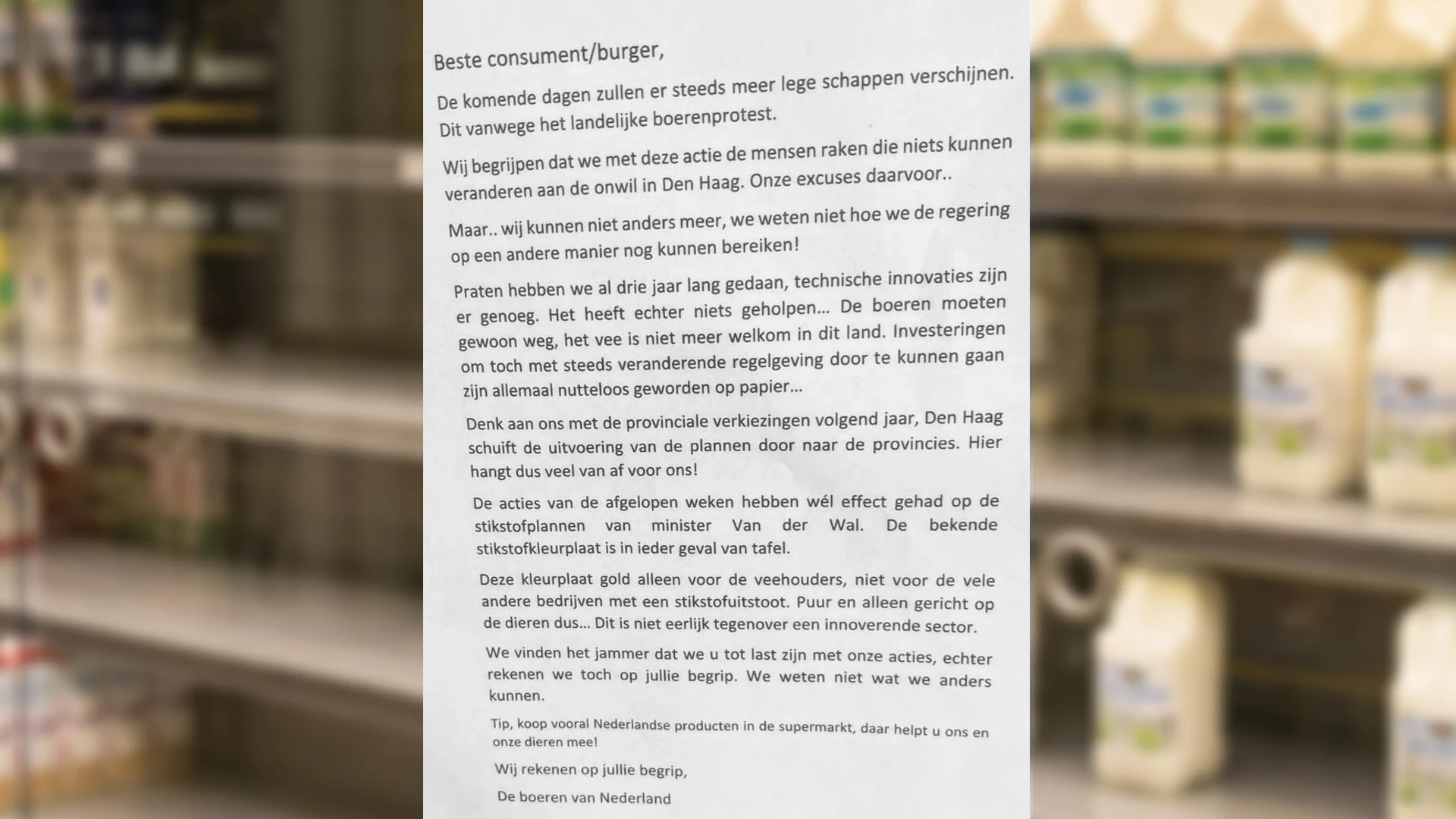 Boeren hangen excuusbrief op in supermarkten voor lege schappen