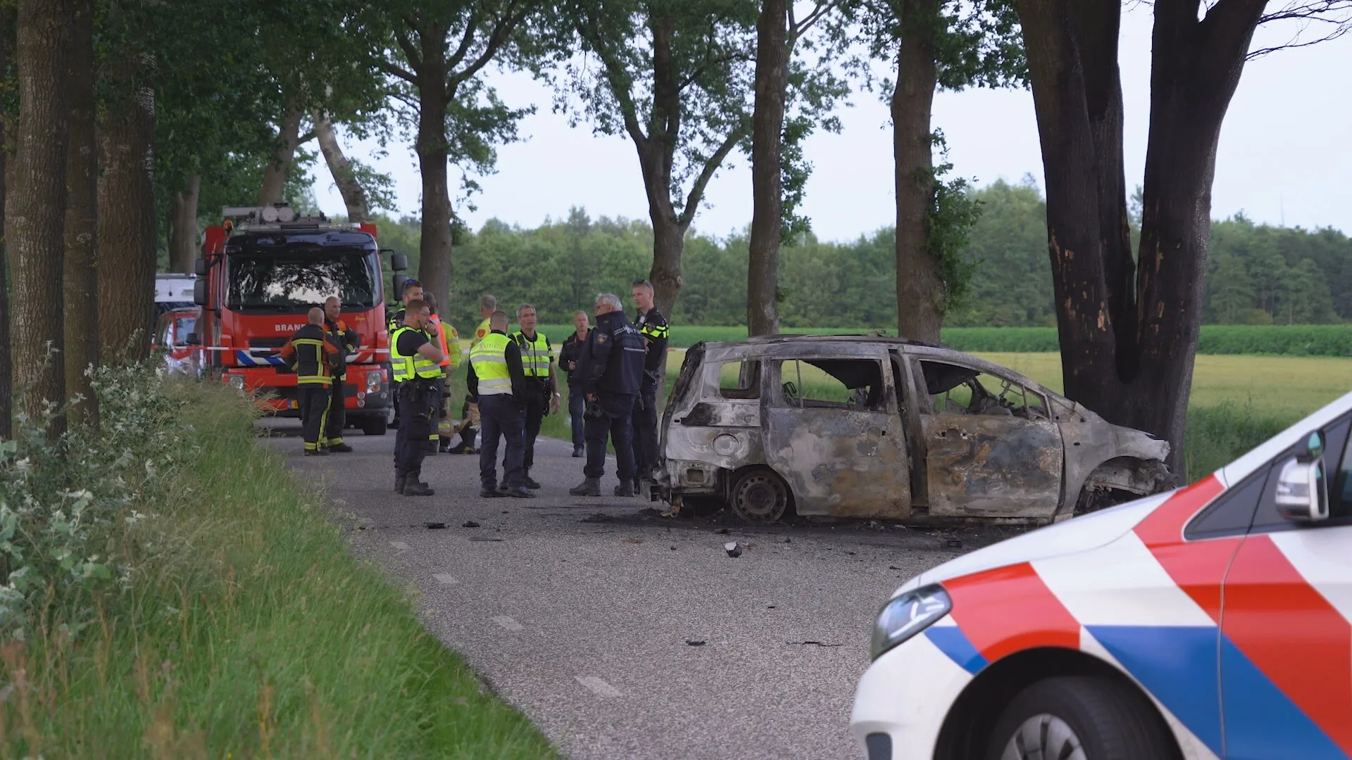 Auto botst frontaal tegen boom en brandt uit bij Tripscompagnie, één persoon overleden