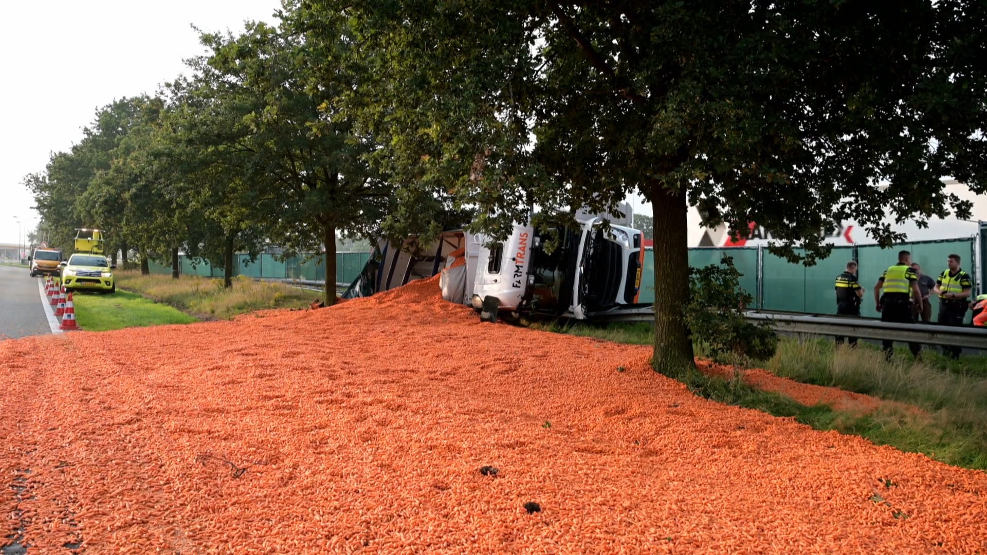 Wegdek A58 bezaaid met wortels vanwege gekantelde vrachtwagen