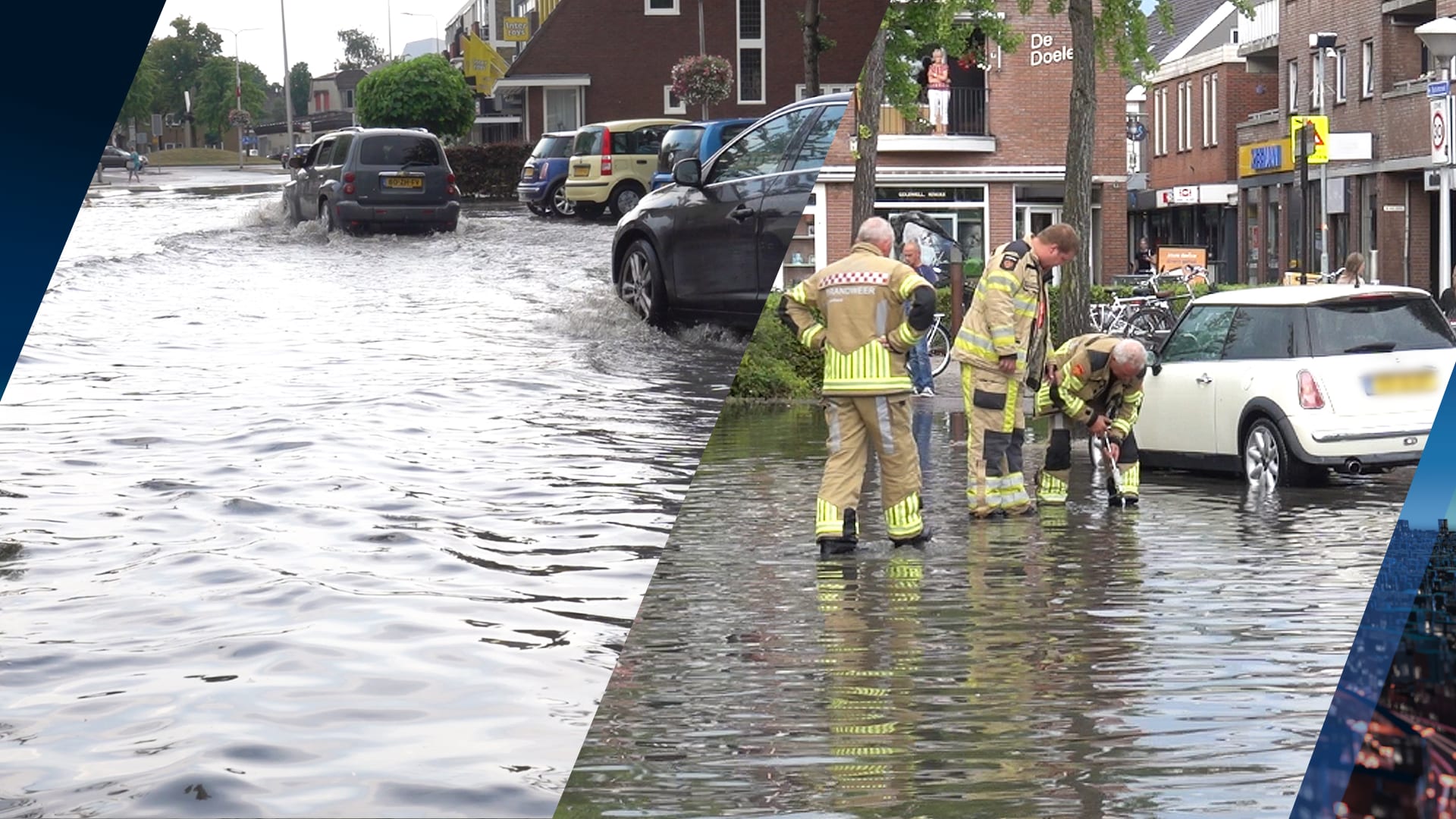 Ondergelopen straten na noodweer in Hardenberg, water stroomt woningen binnen