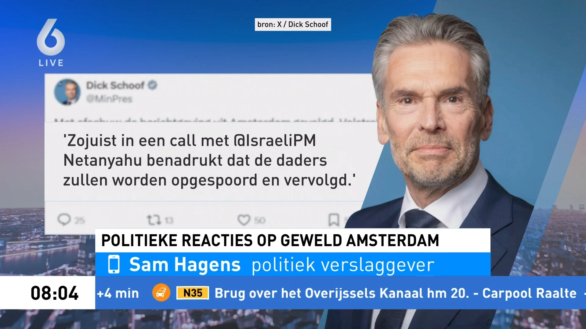 Schoof belt Netanyahu over "antisemitische aanvallen" in Amsterdam