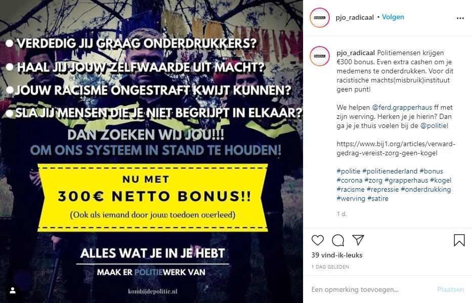 Politieke jongerenorganisatie Radicaal schoffeert politie met 'satirische flyer'