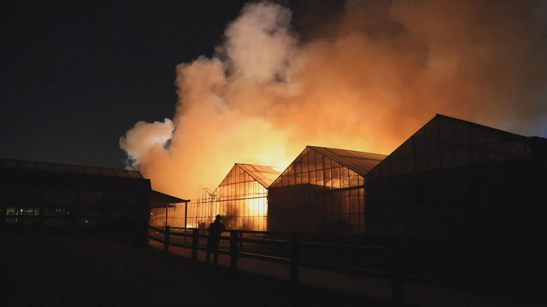 Grote uitslaande brand in voormalig kassencomplex in Naaldwijk
