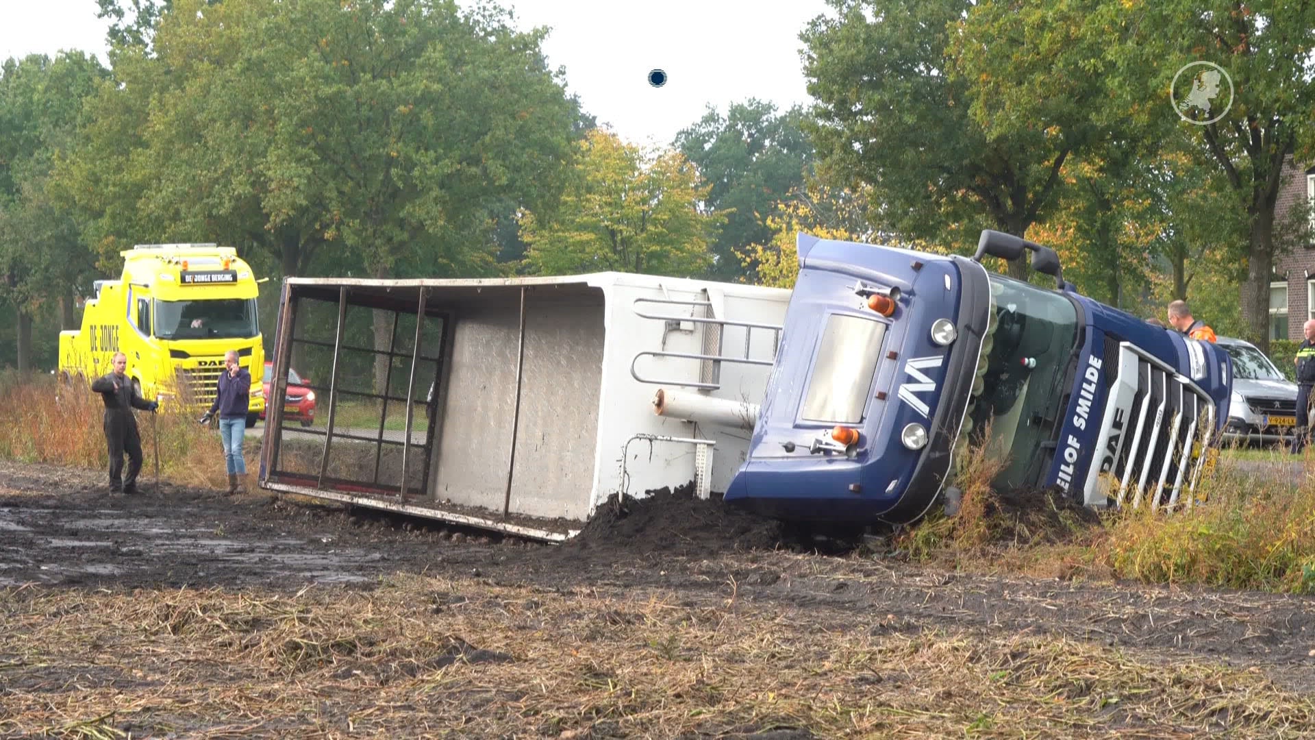 Dikke bak met bieten op de weg door gekantelde vrachtwagen in Hooghalen