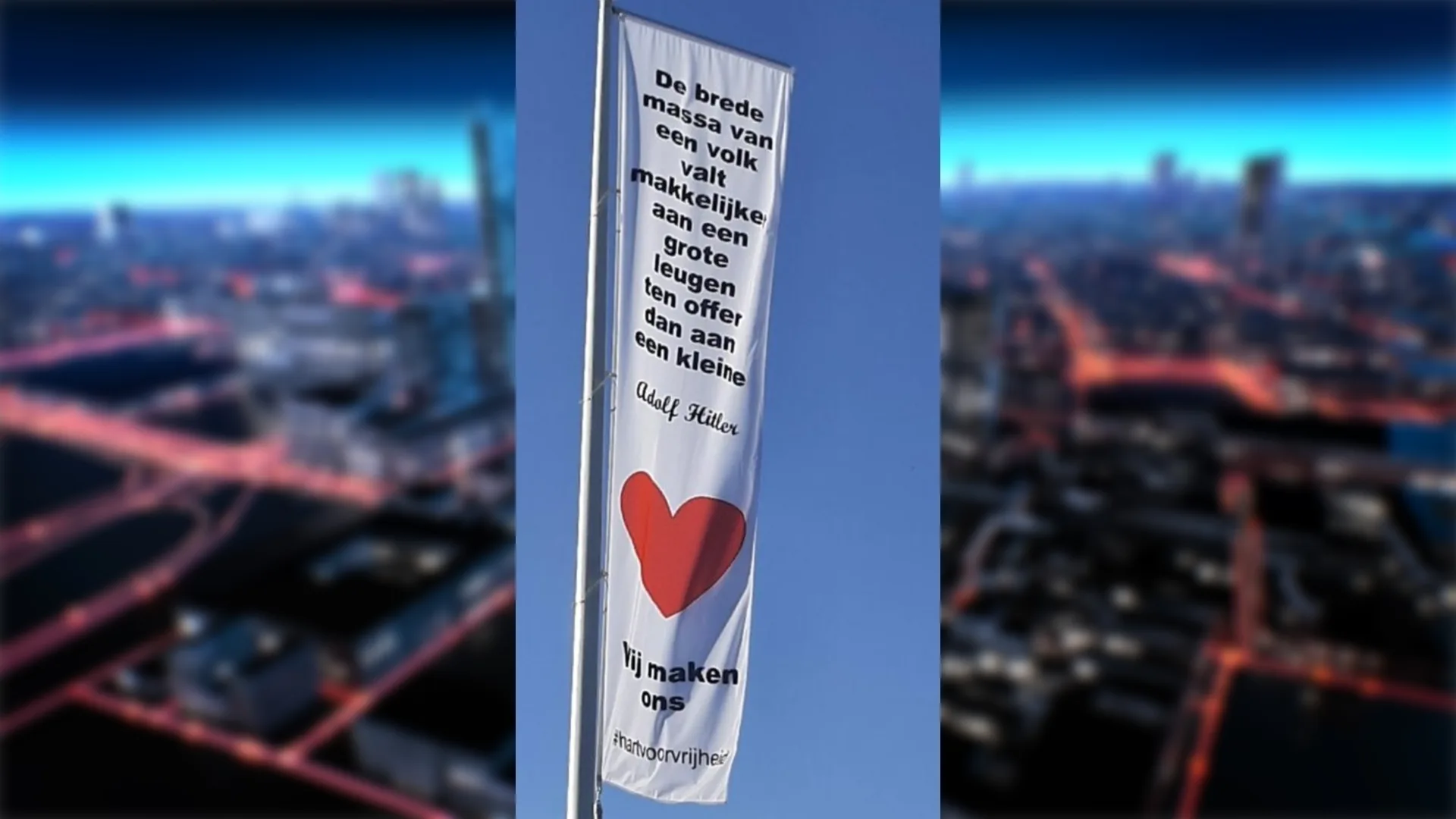 Woede om vlag met Hitler-citaat in Voorhout: 'Welke gek heeft dit bedacht?'