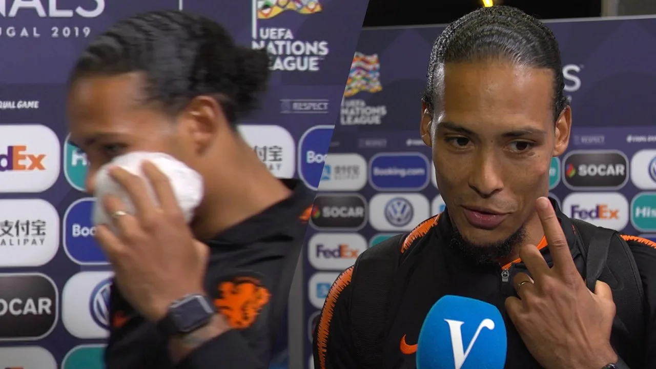 Van Dijk met ijs op gezicht na afloop finale
