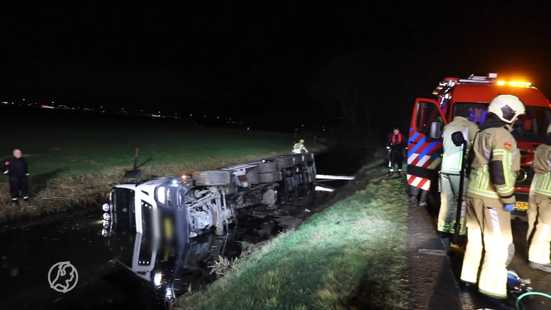Tankwagen met duizenden liters melk glibbert van de weg en belandt in water